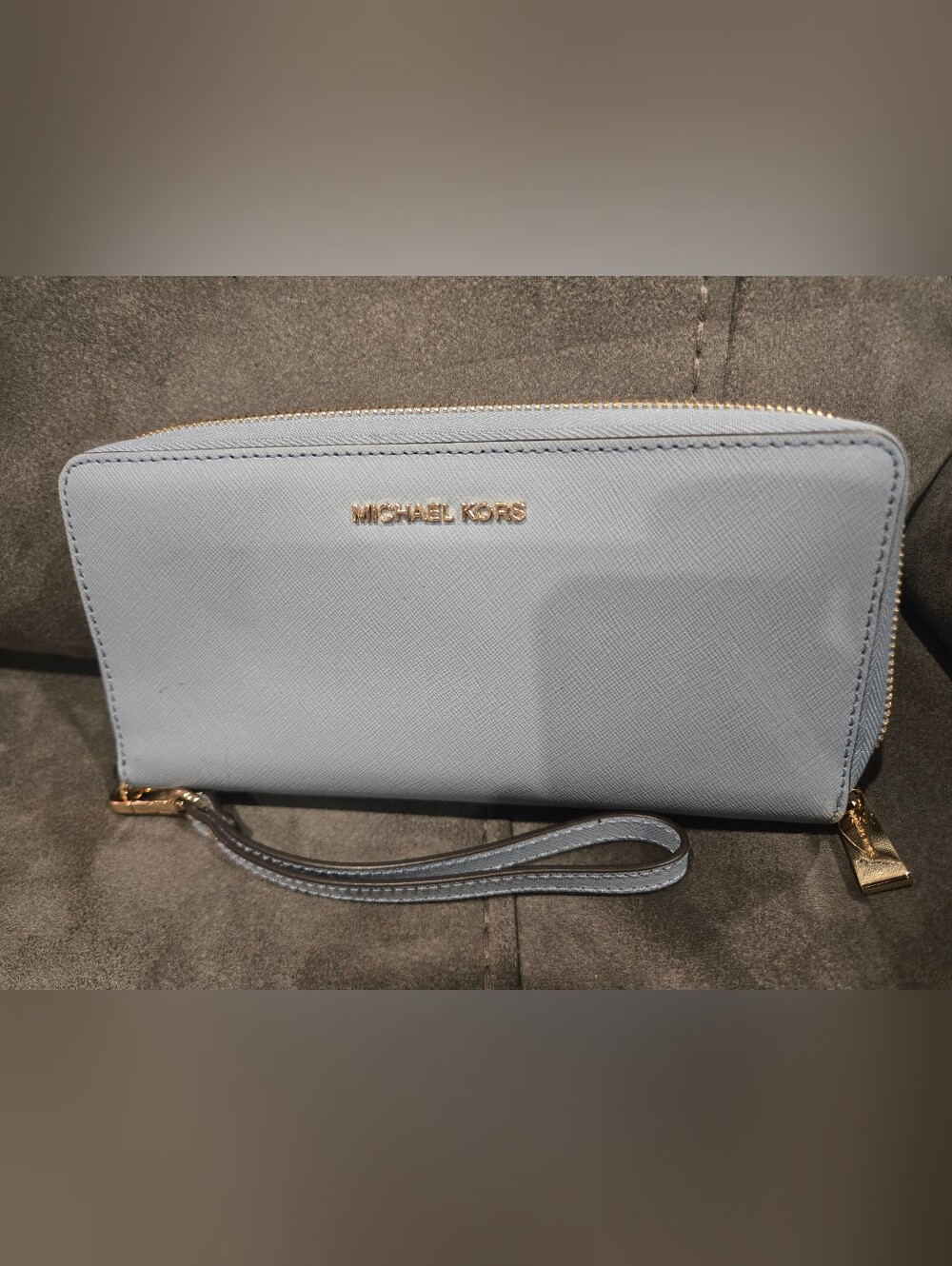 Michael Kors Powder Blue Saffiano Wristlet Clutch with Gold Logo
